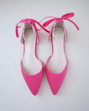 Fuchsia Satin Pointy Toe Evening Flats with Amaryllis Strap