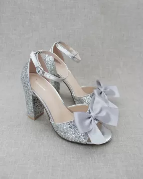 Glitter Tall Block Heel Sandals with Bow