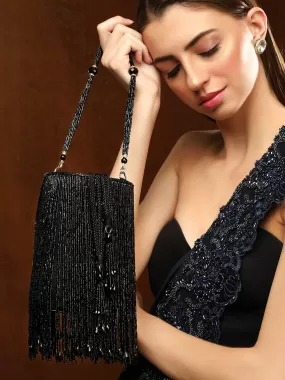 Rubans Black Beaded Fringe Potli Bag