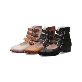 Women's Round Toe Shallow Buckle Straps Block Chunky Heel Pumps